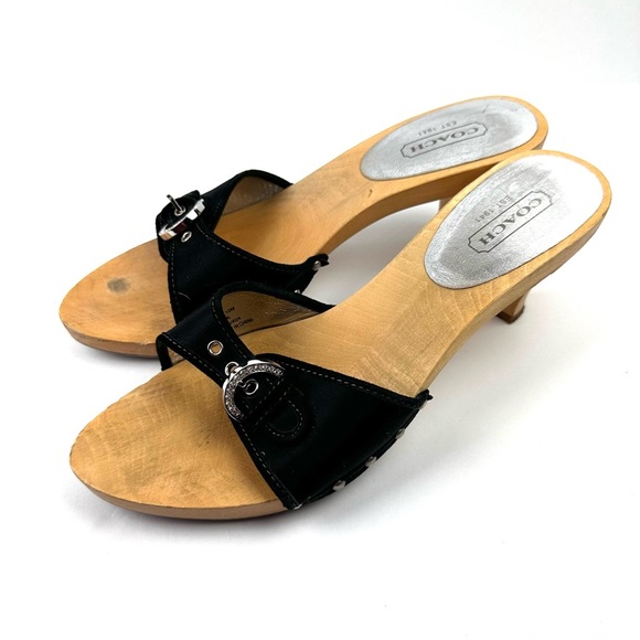 Coach Jileen Sandals 10 Black Rhinestone Buckle Wood Clog Slip On Shoes - Picture 1 of 9
